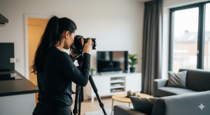 Una mujer sacando fotografías a un departamento