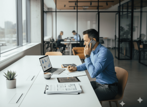 Un hombre sentado en un escritorio hablando por teléfono y viendo una computadora con gráficos