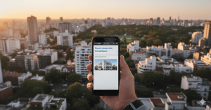 Una persona sosteniendo un celular con un anuncio sobre un proyecto inmobiliario con una ciudad de fonde