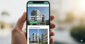 Imagen de una persona sosteniendo un celular con la web de una inmobiliaria